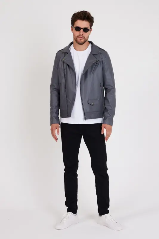 Erkek Gri Renk Yeni Sezon Çapraz Fermuarlı Deri Ceket Mont-GRİ - 6