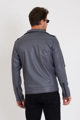 Erkek Gri Renk Yeni Sezon Çapraz Fermuarlı Deri Ceket Mont-GRİ - 7