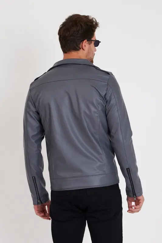 Erkek Gri Renk Yeni Sezon Çapraz Fermuarlı Deri Ceket Mont-GRİ - 7