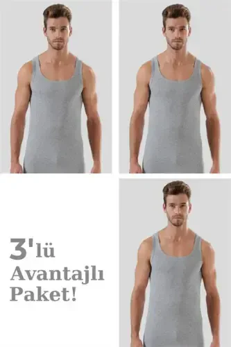 Erkek Gri Ribana Atlet 3'lü Paket %100 Pamuklu - 1