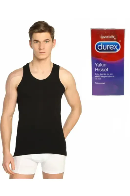 Erkek Gri Ribana Likralı Atlet 3'lü Paket Durex Prezervatif-SİYAH TURUNCU - 1