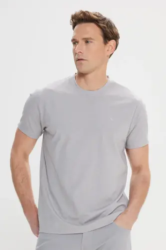 Erkek Gri Slim Fit Dar Kesim Bisiklet Yaka Pamuklu Tişört-Gri 