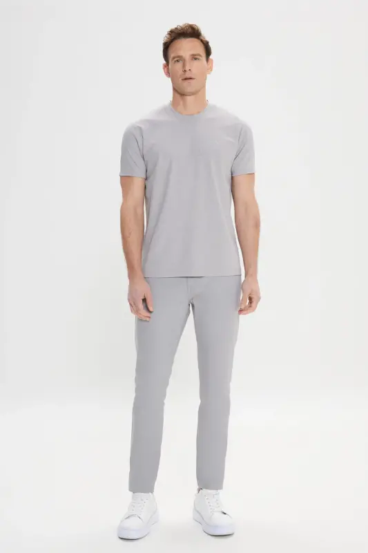 Erkek Gri Slim Fit Dar Kesim Bisiklet Yaka Pamuklu Tişört-Gri - 2