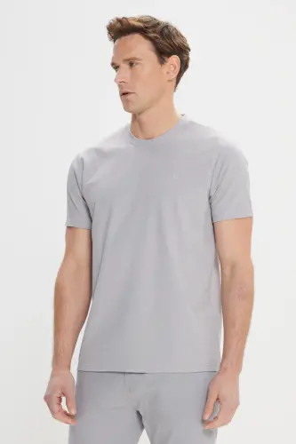 Erkek Gri Slim Fit Dar Kesim Bisiklet Yaka Pamuklu Tişört-Gri - 3