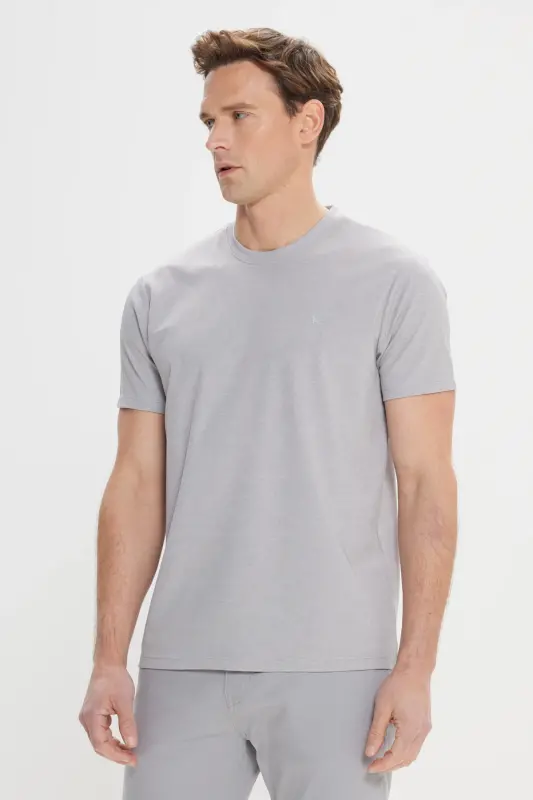 Erkek Gri Slim Fit Dar Kesim Bisiklet Yaka Pamuklu Tişört-Gri - 3