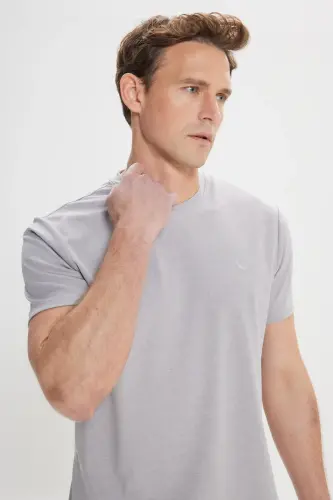 Erkek Gri Slim Fit Dar Kesim Bisiklet Yaka Pamuklu Tişört-Gri - 4