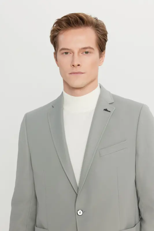 Erkek Gri Slim Fit Dar Kesim Mono Yaka Casual Ceket-Gri - 3