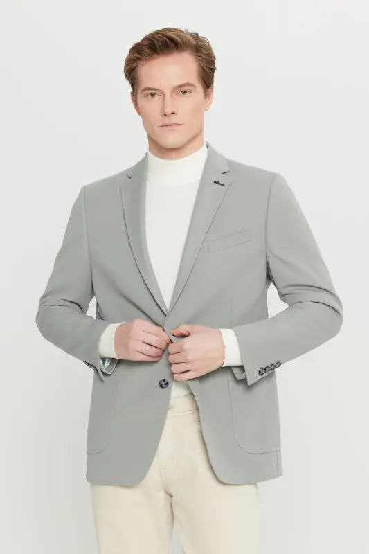 Erkek Gri Slim Fit Dar Kesim Mono Yaka Casual Ceket-Gri - 1