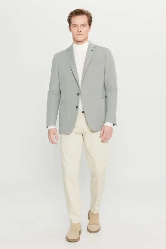 Erkek Gri Slim Fit Dar Kesim Mono Yaka Casual Ceket-Gri - 2