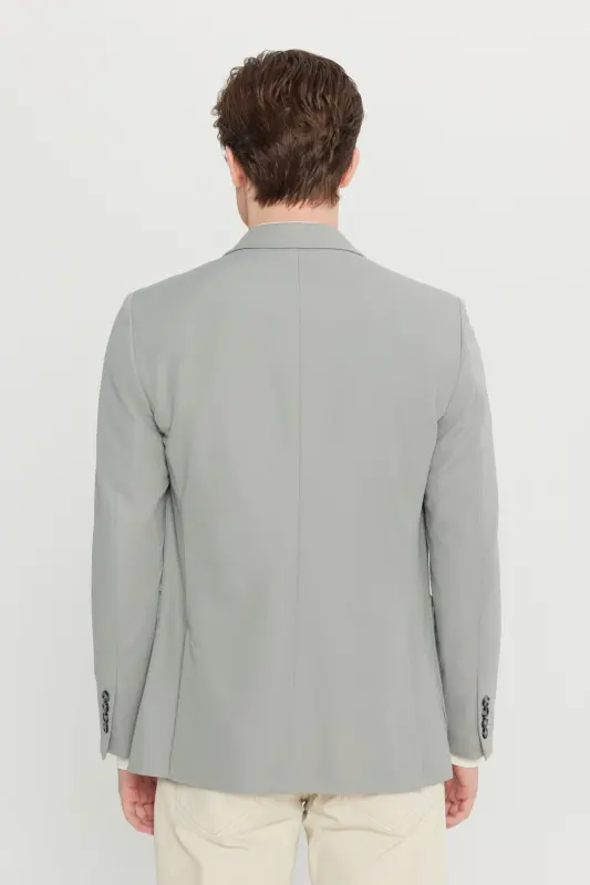 Erkek Gri Slim Fit Dar Kesim Mono Yaka Casual Ceket-Gri - 5