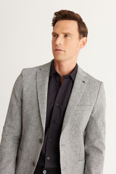 Erkek Gri Slim Fit Dar Kesim Mono Yaka Yünlü Blazer Ceket - 3
