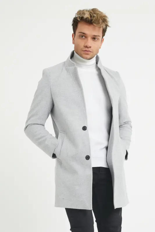 Erkek Gri Slim Fit Dik Yaka Kaşe Kaban - Gri - 2
