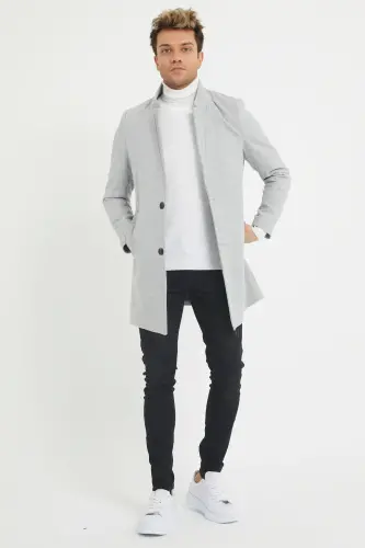 Erkek Gri Slim Fit Dik Yaka Kaşe Kaban - Gri - 3