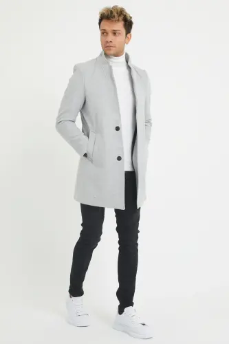 Erkek Gri Slim Fit Dik Yaka Kaşe Kaban - Gri - 4