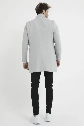 Erkek Gri Slim Fit Dik Yaka Kaşe Kaban - Gri - 5
