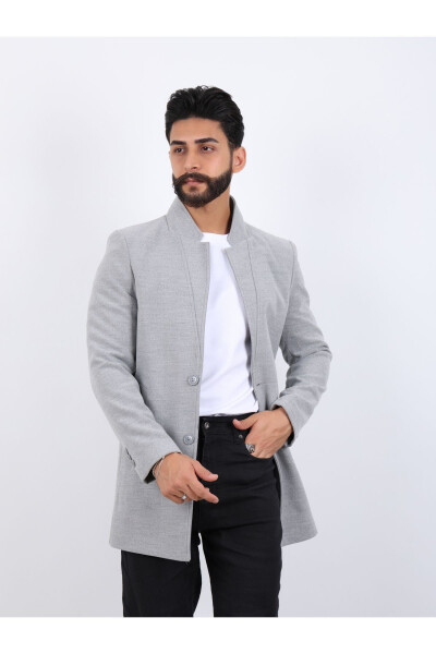 Erkek Gri Slim Fit Dik Yaka Kaşe Kaban - GRİ - 5