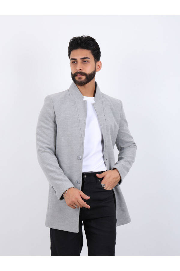 Erkek Gri Slim Fit Dik Yaka Kaşe Kaban - GRİ - 5