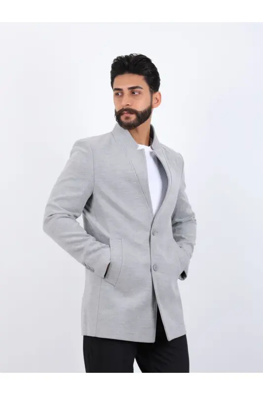 Erkek Gri Slim Fit Dik Yaka Kaşe Kaban - GRİ - 2