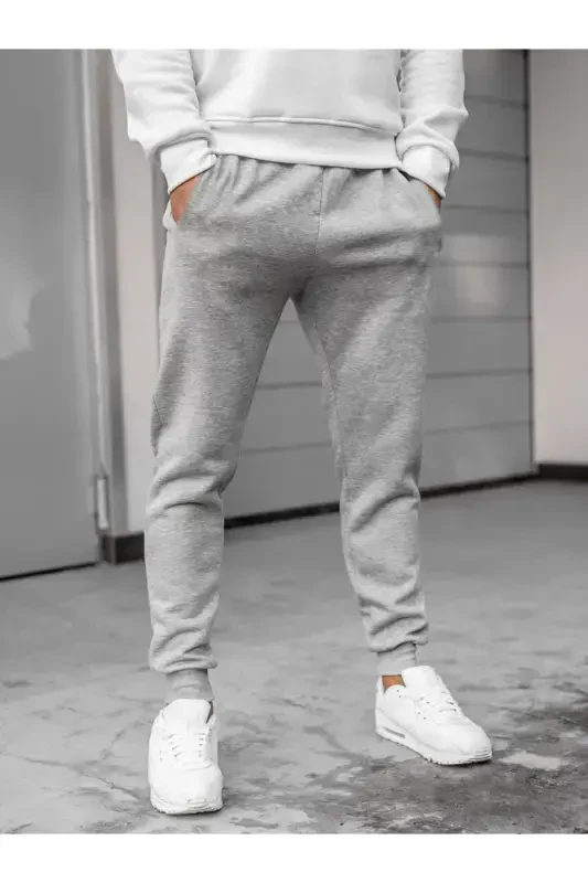 Erkek Gri Slim Fit Eşofman Altı Slüet Baskısız Dar Paça Jogger-Gri cepli - 3