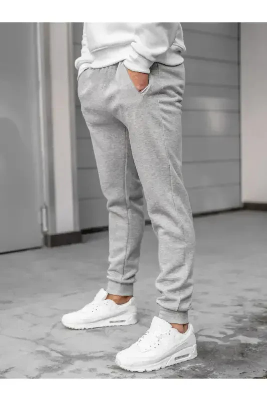 Erkek Gri Slim Fit Eşofman Altı Slüet Baskısız Dar Paça Jogger-Gri cepli - 4