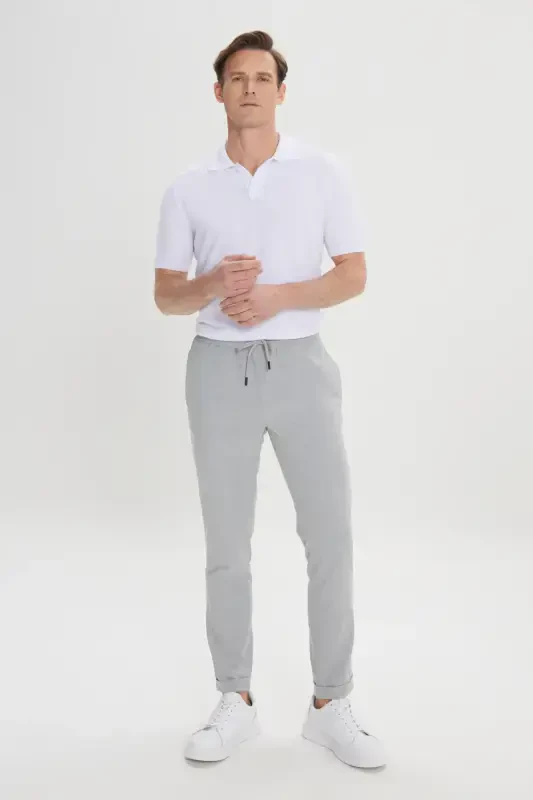 Erkek Gri Slim Fit Rahat Kesim Beli Bağlamalı Yan Cepli Jogger Pantolon-Gri - 6