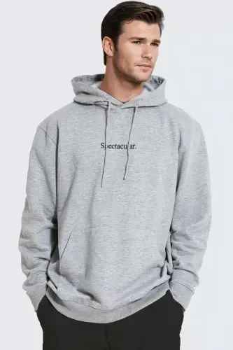 Erkek Gri Spectacular Baskılı 3 iplik Şardonlu Kapüşonlu Kanguru Cepli Oversize Salaş Hoodie Sweatsh-Gri - 2