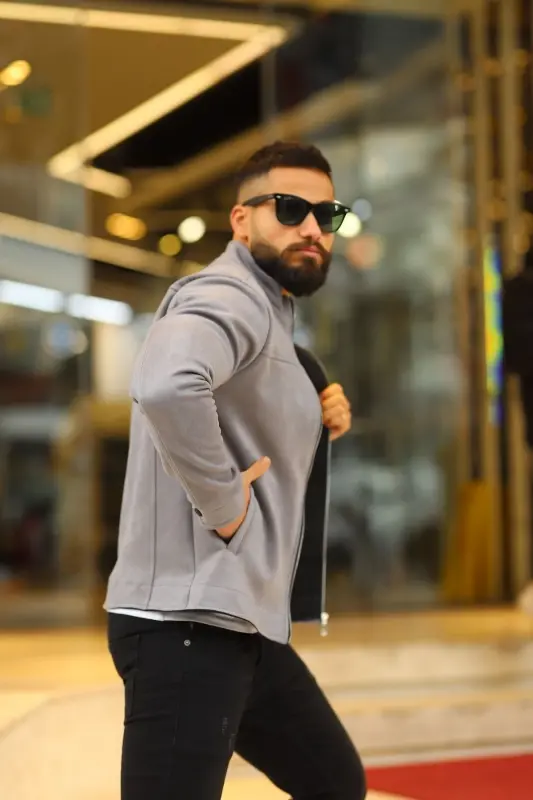 Erkek Gri Süet Baharlık Ceket - Gri - 2