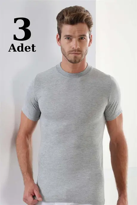 Erkek Gri T-Shirt Sıfır Yaka Kısa Kollu 3'lü Paket %100 Pamuk - BÜYÜKBEDENIZ