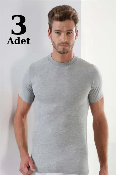 Erkek Gri T-Shirt Sıfır Yaka Kısa Kollu 3'lü Paket %100 Pamuk - 1