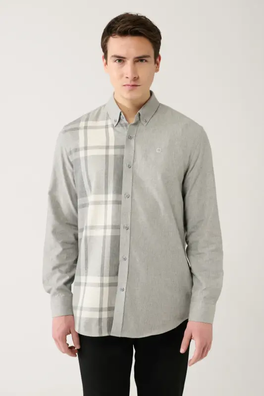 Erkek Gri Pamuklu Ekoseli Flanel Oduncu Gömlek A32Y2119-Gri - 3