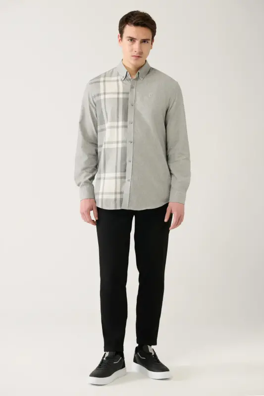 Erkek Gri Pamuklu Ekoseli Flanel Oduncu Gömlek A32Y2119-Gri - 5