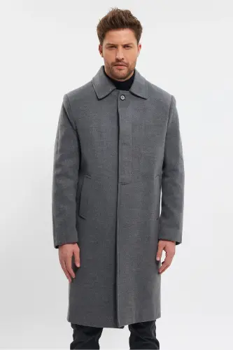 Erkek Gri Uzun Regular Fit Kaşe Kaban-GRİ - 3