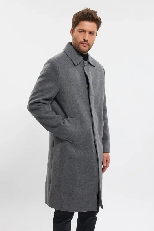 Erkek Gri Uzun Regular Fit Kaşe Kaban-GRİ - 6
