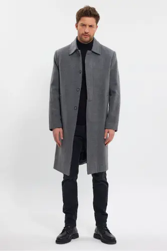 Erkek Gri Uzun Regular Fit Kaşe Kaban - GRİ - 2