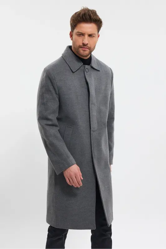 Erkek Gri Uzun Regular Fit Kaşe Kaban - GRİ - 5