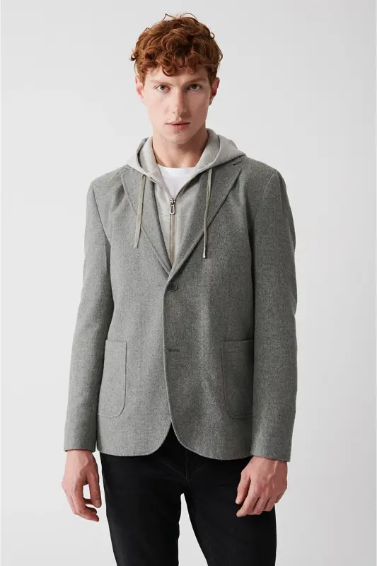 Erkek Gri Çıkarılabilir Kapüşonlu Yünlü Comfort Slim Fit Ceket A32Y4017 - Gri - 3