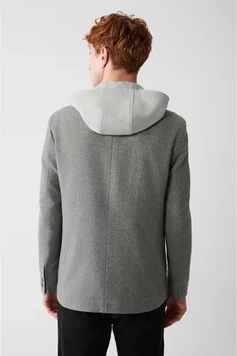 Erkek Gri Çıkarılabilir Kapüşonlu Yünlü Comfort Slim Fit Ceket A32Y4017 - Gri - 4