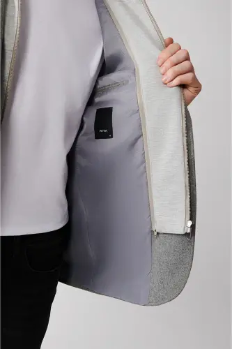 Erkek Gri Çıkarılabilir Kapüşonlu Yünlü Comfort Slim Fit Ceket A32Y4017 - Gri - 5