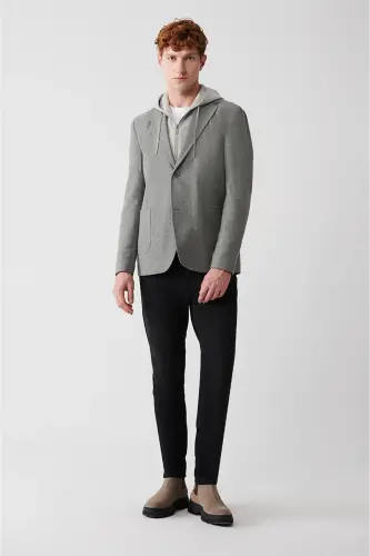 Erkek Gri Çıkarılabilir Kapüşonlu Yünlü Comfort Slim Fit Ceket A32Y4017 - Gri - 6