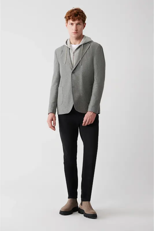 Erkek Gri Çıkarılabilir Kapüşonlu Yünlü Comfort Slim Fit Ceket A32Y4017 - Gri - 6