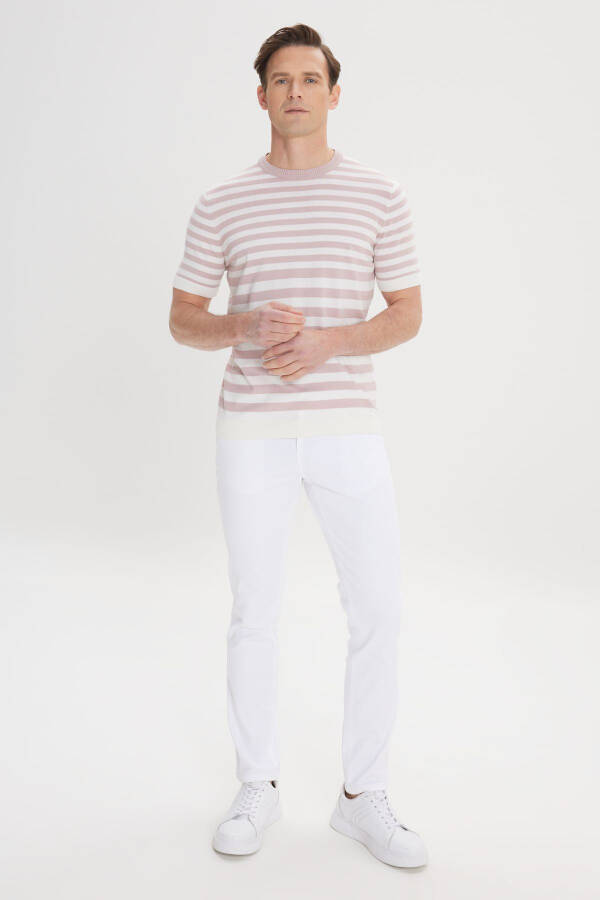 Erkek Gül Kurusu-Ekru Slim Fit Dar Kesim %100 Pamuk Çizgili Bisiklet Yaka Triko Tişört - GUL KURUSU EKRU - 2