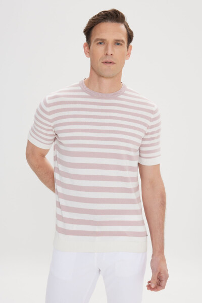 Erkek Gül Kurusu-Ekru Slim Fit Dar Kesim %100 Pamuk Çizgili Bisiklet Yaka Triko Tişört - GUL KURUSU EKRU - 3