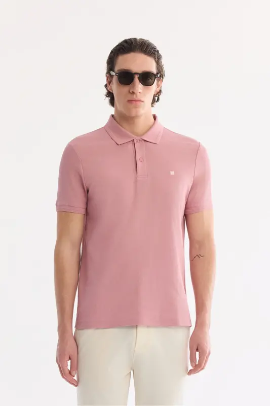 Erkek Gül Kurusu Kıvrılmaz Polo Yaka %100 Pamuk Basic Regular Fit T-Shirt B001032 - Gül Kurusu - 1