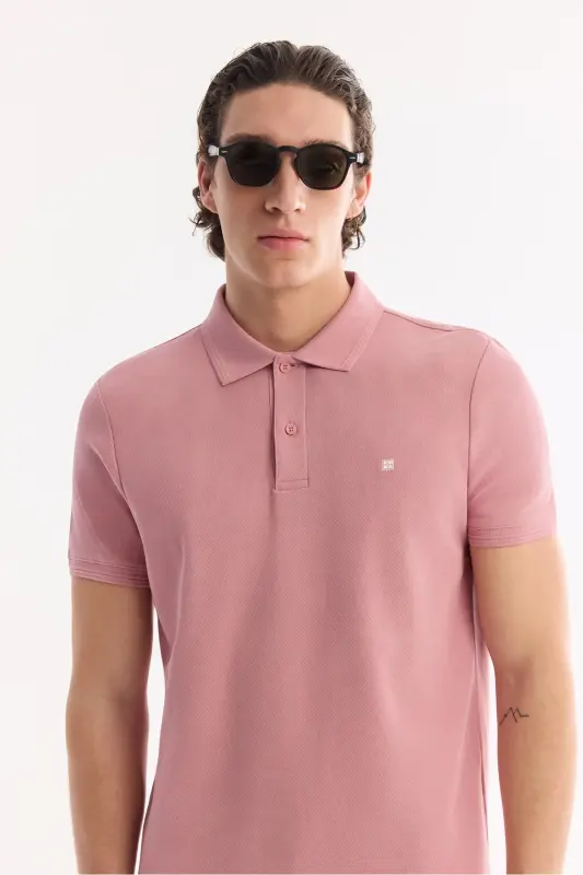 Erkek Gül Kurusu Kıvrılmaz Polo Yaka %100 Pamuk Basic Regular Fit T-Shirt B001032 - Gül Kurusu - 2