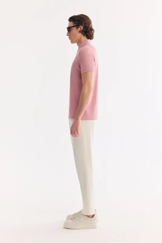 Erkek Gül Kurusu Kıvrılmaz Polo Yaka %100 Pamuk Basic Regular Fit T-Shirt B001032 - Gül Kurusu - 4