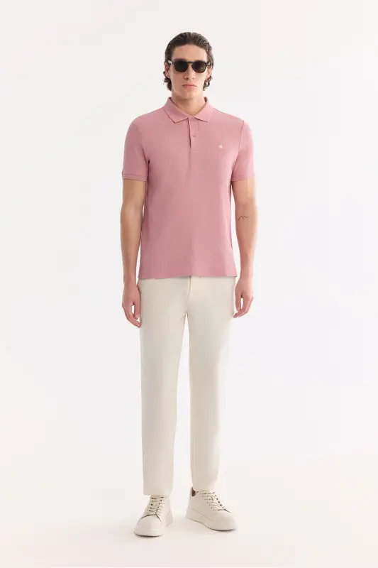 Erkek Gül Kurusu Kıvrılmaz Polo Yaka %100 Pamuk Basic Regular Fit T-Shirt B001032 - Gül Kurusu - 6