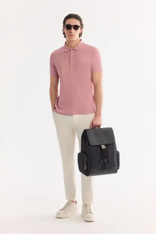 Erkek Gül Kurusu Kıvrılmaz Polo Yaka %100 Pamuk Basic Regular Fit T-Shirt B001032 - Gül Kurusu - 7