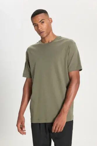 Erkek Haki %100 Pamuk Modern Fit Normal Kesim Bisiklet Yaka Tişört - Haki - 1
