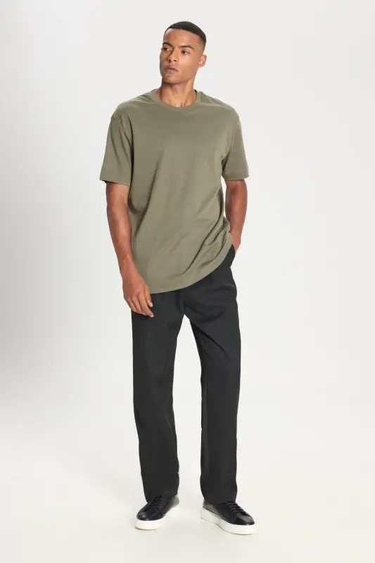 Erkek Haki %100 Pamuk Modern Fit Normal Kesim Bisiklet Yaka Tişört - Haki - 2