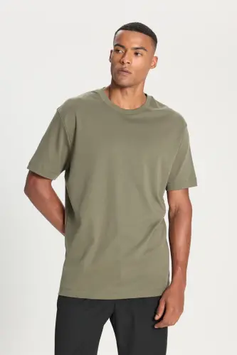 Erkek Haki %100 Pamuk Modern Fit Normal Kesim Bisiklet Yaka Tişört - Haki - 3